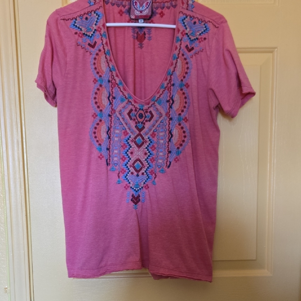 Johnny Was Pink Graphic Embellished Short Sleeve Blouse